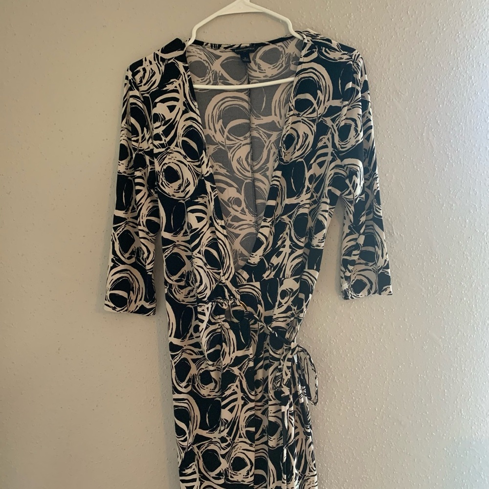 Black and Cream Patterned Wrap Dress